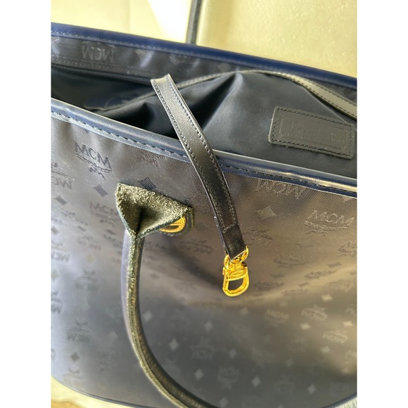 MCM Designer Monogram Tote Navy Blue Large Shoulder Bag Purse - Picture 6 of 9